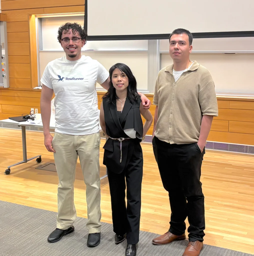 From left, Christopher dos Reis, winner of Ideation Studio’s Pitch Night competition; Heidi Cheng took third place, and Juan Vallejo was runner-up.